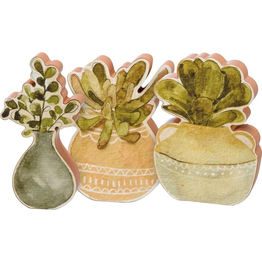 3 Piece Primitives by Kathy Chunky Sitter Set Succullents Wood Handpainted